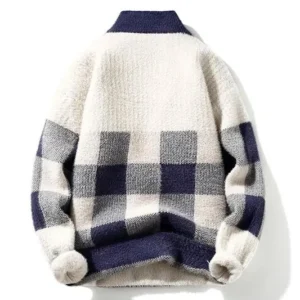 Men's Plush Velvet Navy Plaid Sweater - Image 2